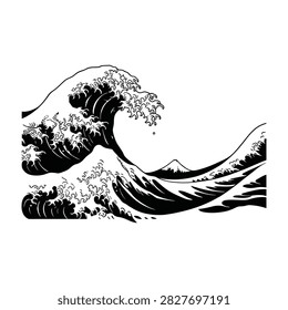 Dramatic black and white woodcut illustration of a massive ocean wave crashing down. Features traditional Japanese art style with detailed texture and dynamic motion.