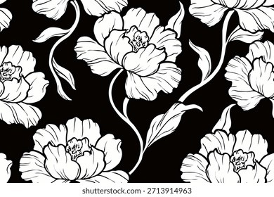 Un dramático patrón floral sin fisuras en blanco y negro con flores detalladas dibujadas a mano y subgrupos que fluyen, creando un diseño botánico atrevido, elegante y atemporal.