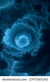 Dramatic Blue Storm Clouds Vortex - Tornado Eye with Lightning Bolt in Dark Sky