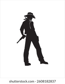 A dramatic, bold silhouette of a cowboy, positioned in a dynamic stance, holding a gun