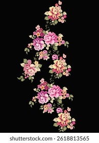 Dramatic botanical print with colorful blossoms and detailed green foliage against a rich dark backdrop.”
