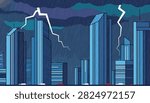 Dramatic bright lightning strikes over blue high-rise city skyscrapers during an intense thunderstorm at night.