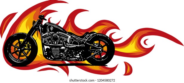 Dramatic burning motorcycle engulfed in fierce fiery orange flames and fire exploding sparks