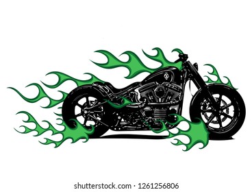 Dramatic burning motorcycle engulfed in fierce fiery orange flames and fire exploding sparks