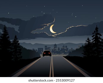 Noite calma dramática sobre estrada com um carro e horizonte da cidade