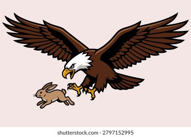 Dramatic cartoon illustration of a bald eagle swooping down with open talons to catch a running brown rabbit