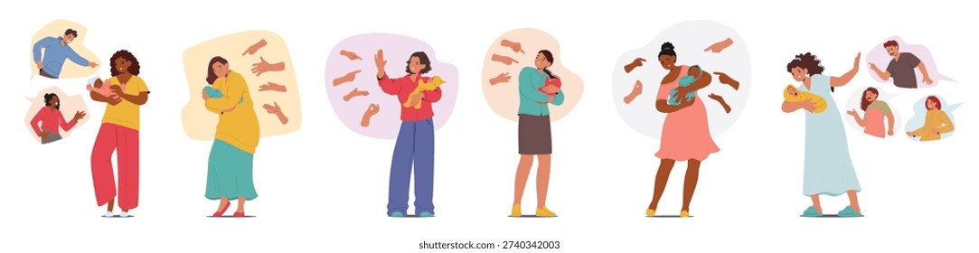Dramatic cartoon scene set with people citizen blaming and shouting at young mothers protects babies. Social conflict, public judgment, maternal protection and parenting struggles vector illustration