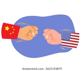Dramatic cartoon of two fists, one bearing the US flag, the other China’s, colliding in a symbol of economic conflict and international tension between the two nations. Business import tariffs