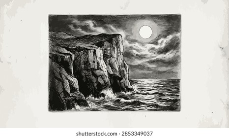 Dramatic charcoal drawing of high cliffs meeting the ocean under a full moon and cloudy sky.