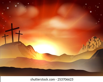 Dramatic Christian Easter concept of Jesus and the two thieves crosses on Calvary hill outside the city walls