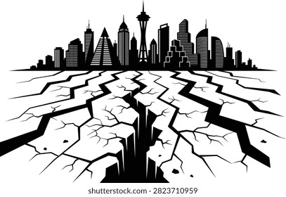 Dramatic cityscape silhouette above cracked ground. Seismic activity illustration. Urban disaster vector background art.