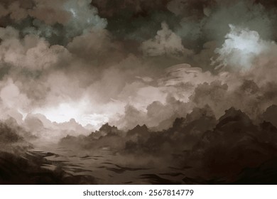 Dramatic cloud formations, moody atmosphere, digital painting, serene landscape, abstract nature scene.