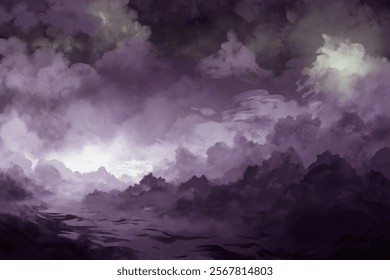 Dramatic cloud formations, moody atmosphere, abstract landscape, purple hues, digital painting, serene water reflections.