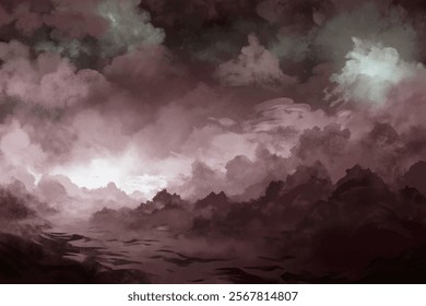 Dramatic cloud formations, moody atmosphere, abstract landscape, dark tones, artistic expression, serene water reflections.