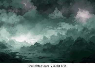 Dramatic cloud formations, moody atmosphere, serene water reflections, digital painting style, nature landscape.