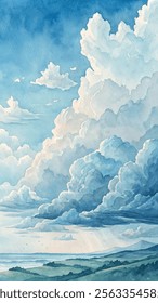 Dramatic clouds fill the sky above a serene landscape, creating a captivating and tranquil scene.