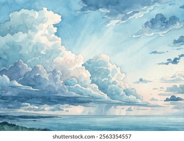 Dramatic clouds stretch across the sky over a tranquil sea, illustrating the beauty of nature in watercolor.