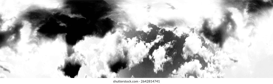 Dramatic cloudy sky with halftone effect revealing layers and textures of atmospheric disturbance during the afternoon hours in a remote outdoor location.