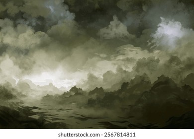 Dramatic cloudy sky, moody atmosphere, abstract landscape, soft textures, serene water reflection, nature scene.