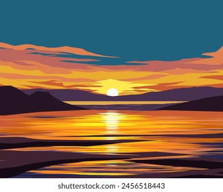 Dramatic coastal calm sunset with glowing sky