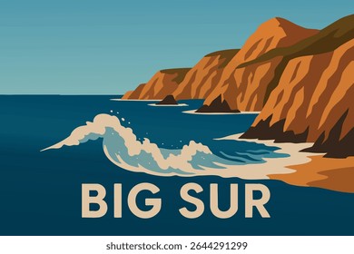 Os dramáticos penhascos costeiros de Big Sur, Califórnia, onde ondas poderosas batem contra a costa, criando uma paisagem marítima inspiradora de beleza acidentada e vastas vistas para o oceano
