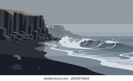 Dramatic Coastal Landscape with Basalt Cliffs and Crashing Waves