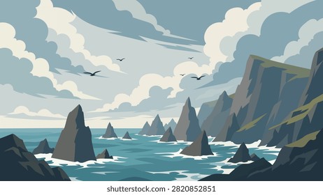 Dramatic Coastal Landscape Flat Vector With Ocean Waves And Sharp Rocky Sea Stacks Under Cloudy Sky