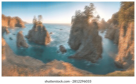 Dramatic coastal scenery with towering rock formations in ocean during golden hour. Sunset lighting highlights texture of cliffs and calm water surface.