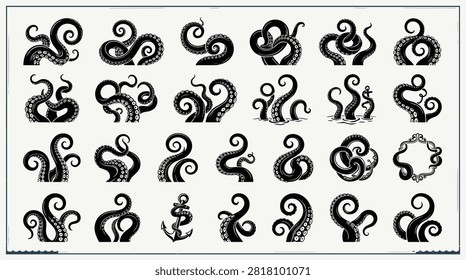 Dramatic collection of dark, stylized octopus tentacles and kraken arms in various poses and arrangements. Black silhouettes against a neutral background with a subtle wave border. Ideal for creating a mysterious, powerful, or frightening atmosphere in designs related to mythology, fantasy, or horror.