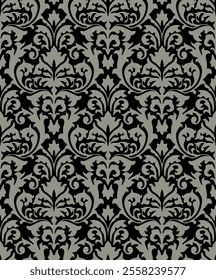 Dramatic damask pattern in black and gray with bold ornamental designs and floral symmetry.