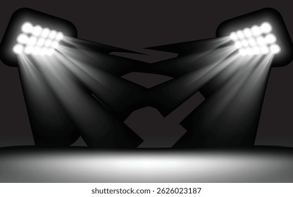 Dramático palco escuro com holofotes convergentes e silhuetas abstratas, criando uma atmosfera teatral ou de concerto. Perfeito para cartazes de eventos, promoções musicais ou projetos visuais de alto impacto.