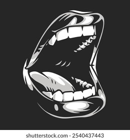 A dramatic depiction of an open mouth showcasing sharp teeth and dynamic contours. The artwork emphasizes expression and intensity through its stark black and white design.