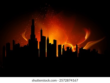 A dramatic digital artwork of a city skyline silhouetted against a fiery blaze, perfect for themes of destruction, chaos, and disaster.