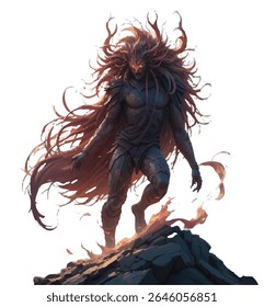 Ilustração digital dramática de um guerreiro blindado escuro com cabelo fluido, semelhante a uma chama, no topo de uma montanha rochosa. A figura exala potência e intensidade, com olhos brilhantes e uma aura de queimação 