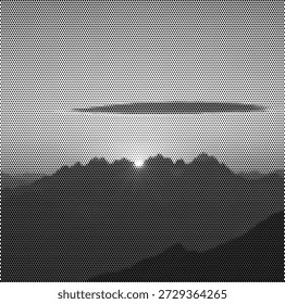 Eine dramatische Duoton-Illustration einer Berggipfel-Silhouette gegen einen dunklen Himmel. Dieses atmosphärische Design schafft ein Gefühl von Geheimnis, Isolation und nächtlicher Wildnis. Perfekt für Horrorfilmplakate, Mystery-Roman-Cover und stimmungsvolle Musik-Album-Art. Der Halbtonkontrast betont die krassen Formen und den körnigen Himmel realistisch. Skalierbare Vektorgrafik für eindrucksvolles und atmosphärisches Geschichtenerzählen.