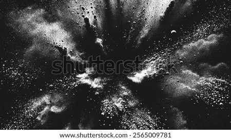 Dramatic dust explosion with dynamic scattered particles in contrast stippling style. Artistic depiction of motion and energy. Dotwork. Pointillism. Noisy grainy shading using dots. Vector background