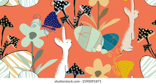 Dramatic easter end seamless pattern. Hand-drawn bunny, eggs, mushroom, flower, and butterfly on autumn background. Vector illustration