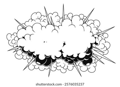 A dramatic explosion cloud fills the center of the composition with billowing white and black smoke radiating sharp spikes of energy in all directions creating a sense of powerful movement.