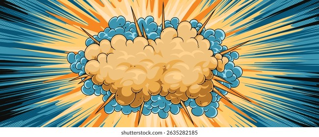A dramatic explosion fills the frame with bright colors. The clouds of smoke and bursts of light create a sense of action resembling classic comic illustrations with powerful energy.