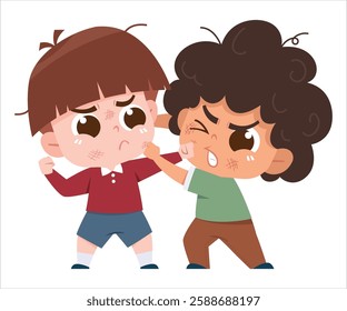 A dramatic and expressive digital illustration of two young boys engaged in a fight. One boy is grabbing the other’s shirt, while both have angry and frustrated expressions.