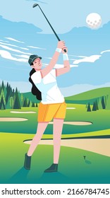 Dramatic female golfer hitting ball on golf course, green field hill with cloud background. woman playing on golf course