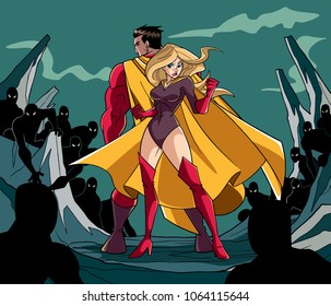 Dramatic fictional scene with a super heroine with her brave and powerful partner standing together against dangerous dark creatures