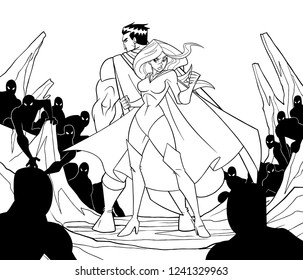Dramática escena ficticia con superheroína con su valiente y poderosa compañera unida en contra de peligrosas criaturas oscuras.