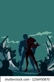 Dramática escena ficticia con superheroína y su valiente y poderosa compañera unida en contra de peligrosas criaturas oscuras.