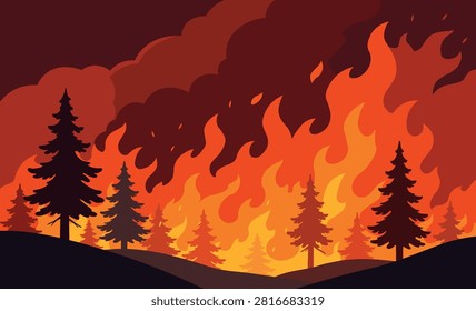 A dramatic flat vector illustration of a forest wildfire with towering flames, thick smoke, and silhouetted pine trees. Perfect for themes related to climate change, natural disasters, wildfire prevention, ecology, and environmental conservation.