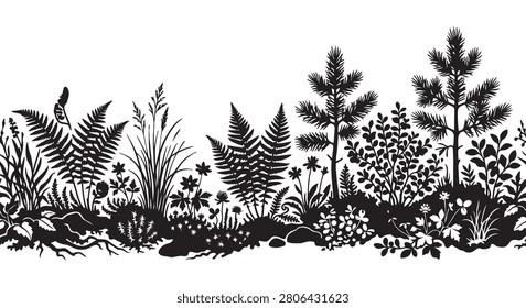 A dramatic forest floor silhouette border in bold black, showing ground plants, ferns, roots, and low vegetation along a detailed horizontal woodland strip. Ideal for nature brand design, woodland wedding stationery, forest-themed book covers, environmental art prints, and dark botanical editorial design.