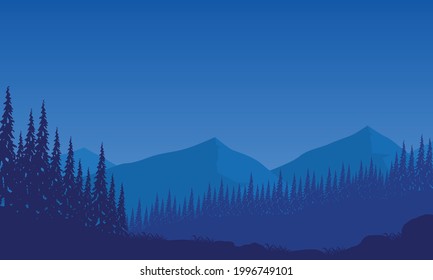Dramatic forest and mountain views at night from the outskirts of the city. Vector illustration of a city