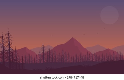 Dramatic forest and mountain views from the outskirts of the city at night. Vector illustration of a city