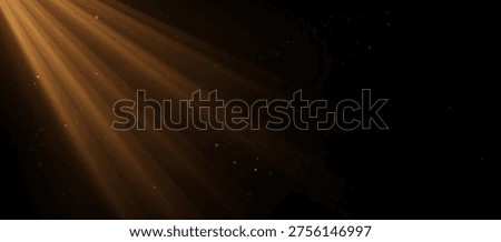 Dramatic golden light rays streaming diagonally through a dark background with floating dust particles, creating a cinematic atmosphere of warmth, mystery, and elegant illumination. Vector backdrop