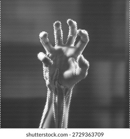 A dramatic halftone illustration of a skeletal hand reaching upwards. This dark design represents death, mystery, and spooky themes. Perfect for horror movie posters, Halloween party invitations, and gothic apparel prints. The dot pattern effect adds a gritty and macabre texture to the bone structure. Scalable vector graphic for high-impact visuals in the entertainment and alternative fashion sectors.